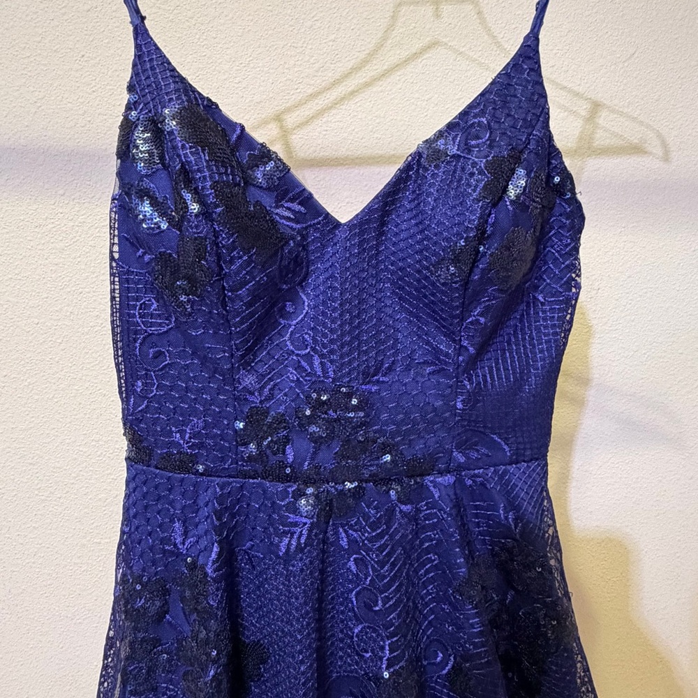 City Studio Deep Blue Dress with Black Sequin and Lace Overlay